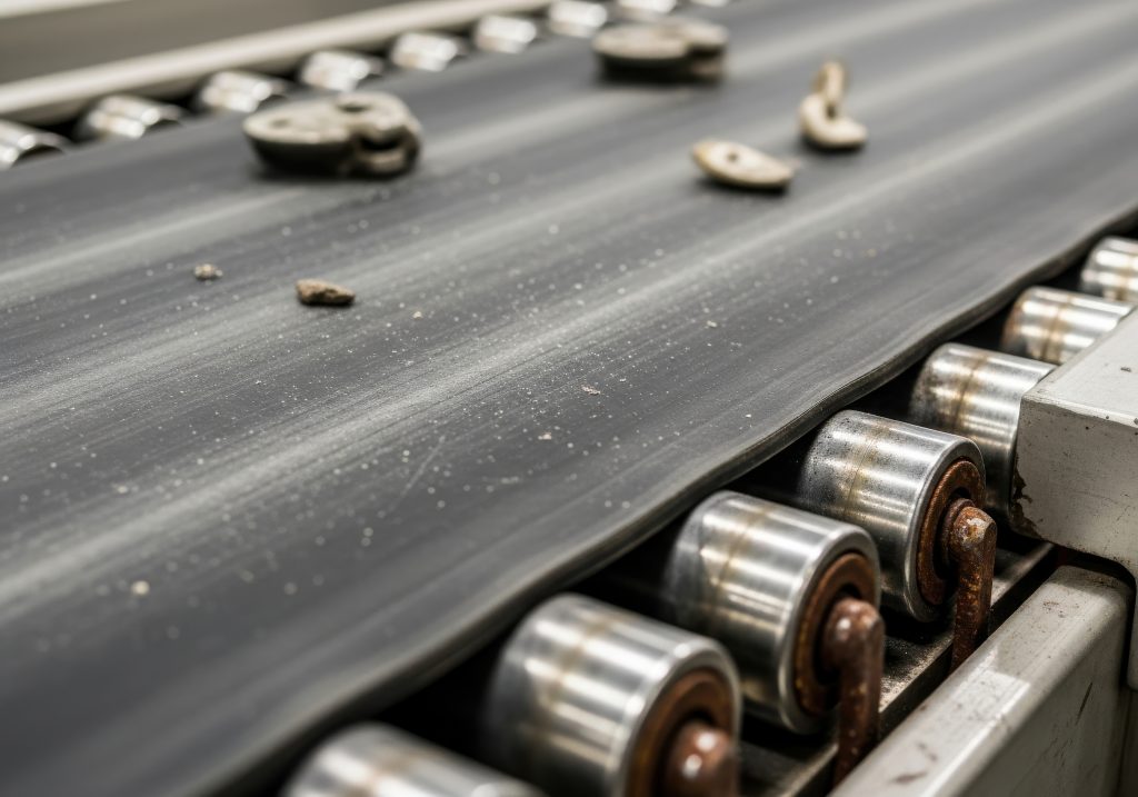 Eine Nahaufnahme eines laufenden Förderbandsystems, bei dem die Rollen und die Bewegung des Förderguts deutlich hervortreten. Die Materialien gleiten gleichmäßig über das Band, während die Rollen darunter für einen kontinuierlichen, reibungsarmen Transport sorgen.